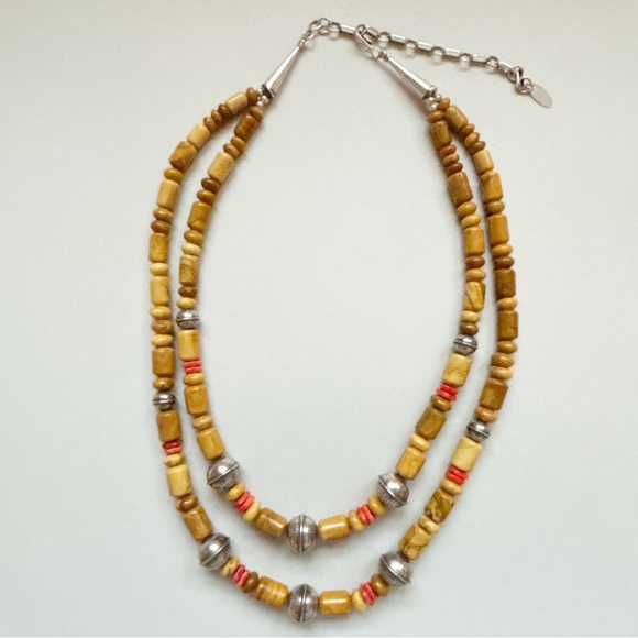 Vintage Running Bear Jasper Wood Red Coral Sterling Silver Bead Necklace - Picture 8 of 12